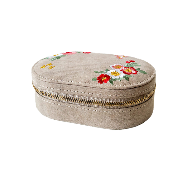 Oval Velvet Jewelry Box - Embroidered Flowers