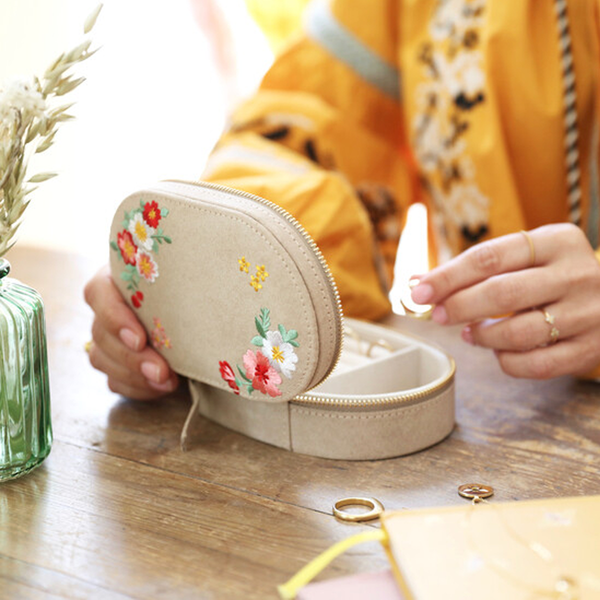 Oval Velvet Jewelry Box - Embroidered Flowers