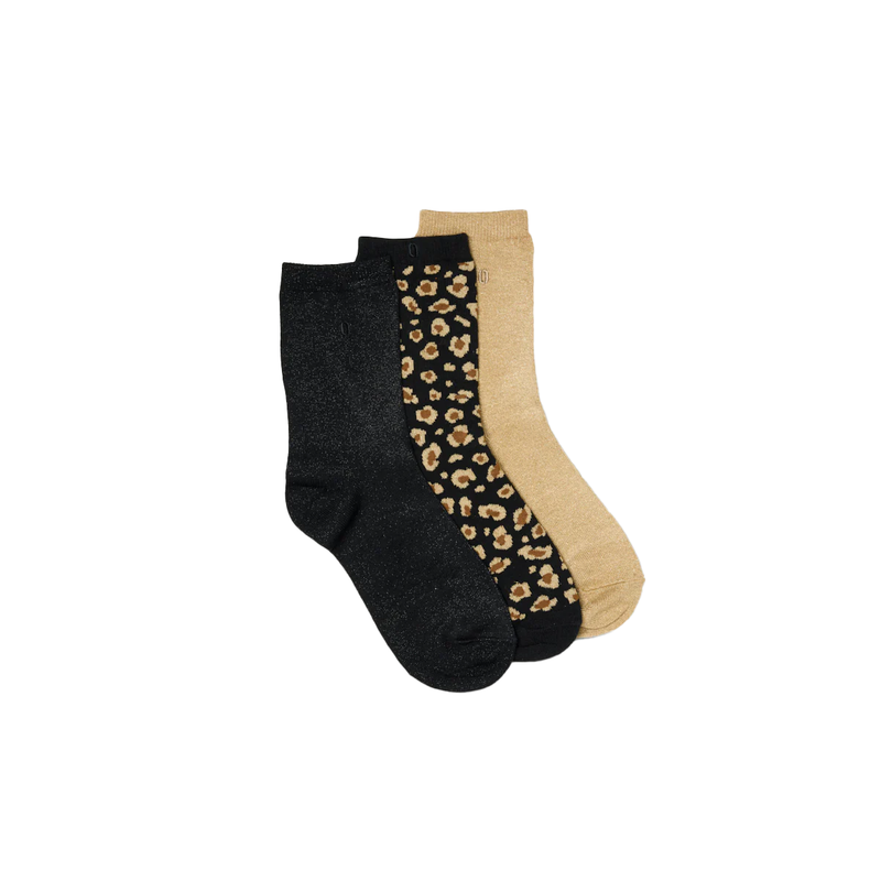 Set de 3 Chaussettes Fantaisie Paillettes Léopard Noir Doré